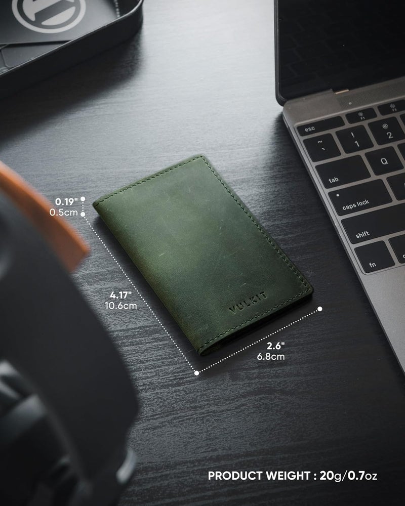 VULKIT حامل بطاقات العمل من الجلد الأصلي مزدوج الجوانب نحيف منظم بطاقات الاسم للرجال أو النساء، يحمل حتى 20 بطاقة (أخضر أصلي) - Image 5